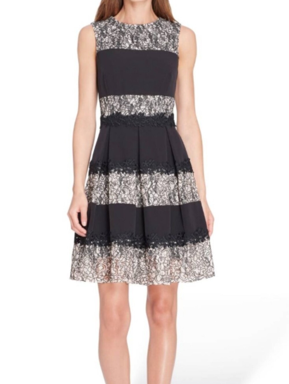 NWT Size 2 Black/Nude Sleeveless Lace/Jersey Fit & Flare Tahari Cocktail